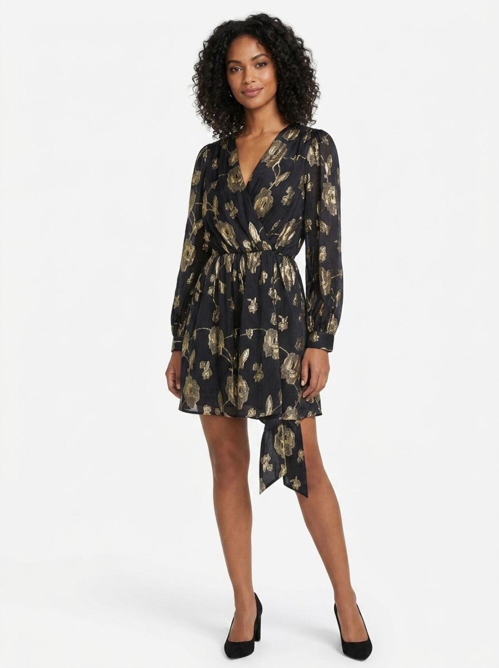 Express Gold Metallic Floral Wrap Dress Long Sleeve V-Neck Women Size S